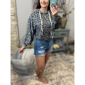 Cropped Leopard French Terry Drawstring Hoodie Crew Neck Long Sleeve Gray 4721